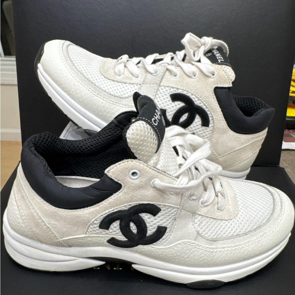 CHANEL Women's Classic White and Black Sneakers